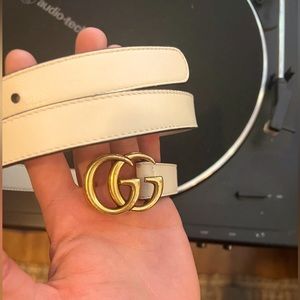 White Skinny Leather Belt w/ Double G Buckle